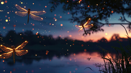 Dragonflies of light fly into the midnight sky, giving a dark night their unique light accent