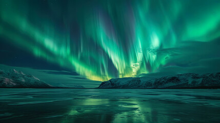 Green and pink bursts of light of the northern lights form magic drawings in the Arctic sky