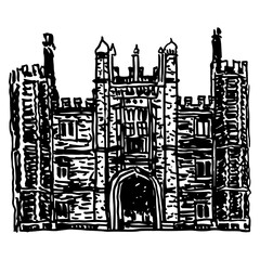 Facade of Hampton Court Palace. Great Gatehouse. Royal palace in the London Borough of Richmond upon Thames. Hand drawn linear doodle rough sketch. Black and white silhouette.