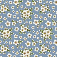 Beautiful watercolor seamless pattern of white forget-me-not flowers for Easter, wedding, Mother's, Valentine's Day, birthday, spring and summer fabrics, clipart, stickers, wallpapers, templates