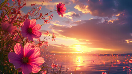 In the picture you can see the games of flowers on a sunset background, as if heaven and water are