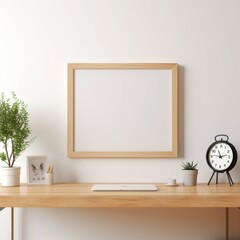 Wooden Table With Clock and Plant