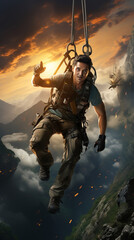 Fototapeta premium Climber hanging on climbing equipment on a mountain landscape.