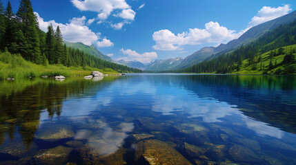 Photos of a beautiful lake conveys a feeling of transparency of water, as if you can see its purit