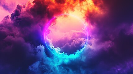 rainbow colored cloud circle, in the style of mysterious backdrops, neon-infused digitalism, orange and magenta, nightcore, dark purple and sky-blue, spacecore, outrun