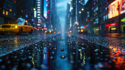 The city night is dressed in a mysterious atmosphere, and wet asphalt seems to reflect the lights