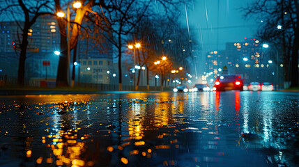 The city panorama in the reflection of wet asphalt recalls the magic of nightly time