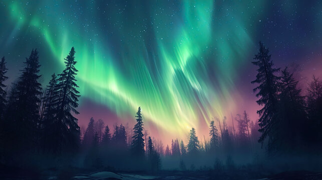 The arrows of the light of the northern lights pierce the sky, like magic rays in the natural thea