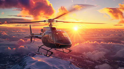 The formidable helicopter profile contrasts with a delicate palette of sunset, creating the effect - obrazy, fototapety, plakaty