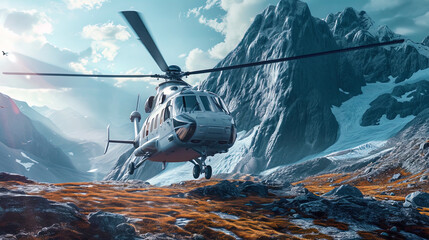 The helicopter with hope takes off along the mountains, like a steel wing in the opening expanse - obrazy, fototapety, plakaty