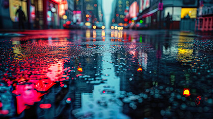 The light points of the city are reflected in puddles, creating colorful illusions on the wet surf - obrazy, fototapety, plakaty
