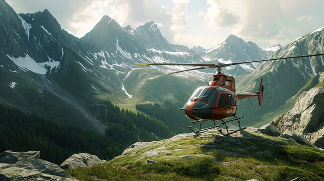 The helicopter lays its way along the mountains, like a vehicle in inaccessible landscapes
