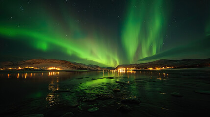 The northern lights envelop the night sky in the green light, creating a fabulous sight