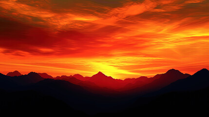 The orange and red stripes of the sky framed the black silhouettes of the mountains, creating a dr