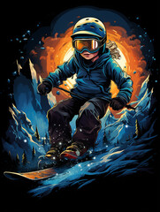 T-shirt design, Handsome boy skiing with snow mountains, illustration style created with Generative Ai