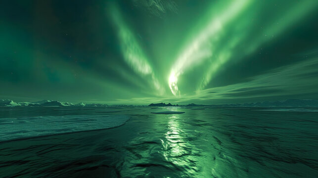 The northern radiance envelops the polar horizons in the green light, like a magical luminous clou