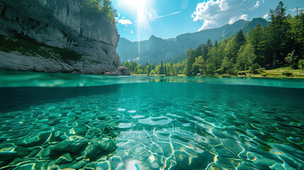 The photo conveys the crystal clarity of water, as if you can see the bottom of the lake and all i