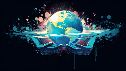  a hand cradling a water splash and symbolizing the connection between humanity and the planet. - obrazy, fototapety, plakaty