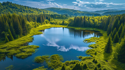 Fototapeta na wymiar The photo opens a magnificent lake surrounded by green forests, as if nature has created its own a
