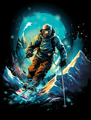 Fototapeta na wymiar T-shirt design, Handsome boy skiing with snow mountains, illustration style created with Generative Ai