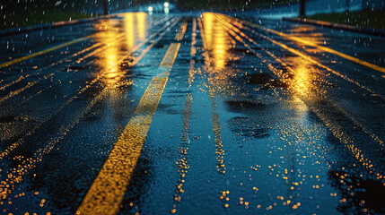 The rays of street lamps play on the smooth surface of wet asphalt, creating a magical reflection