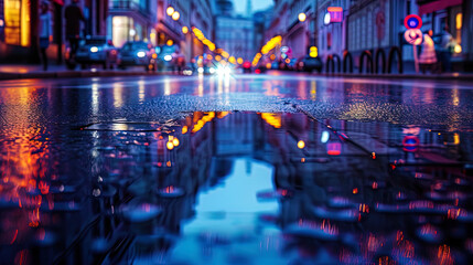 The reflection of urban buildings on wet asphalt creates the impression of the second world, magic