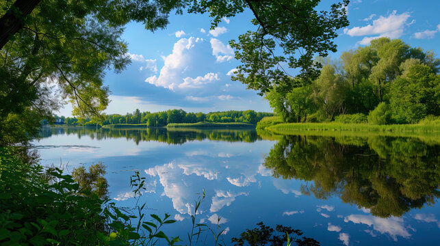 The picture shows the reflection of summer clouds and green trees, as if they create a picturesque