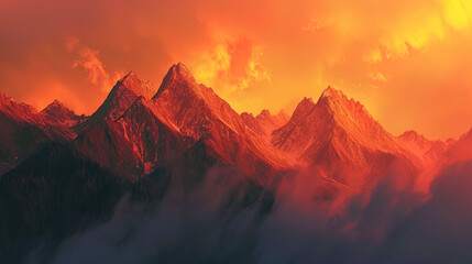 The sunset sky flows with amber and peach paints on mountain peaks, like drops of light - obrazy, fototapety, plakaty