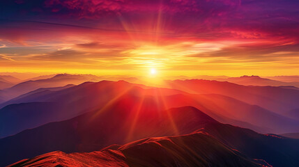 The sun, hiding over the horizon, leaves behind traces of fiery colors on the mountains, like impr