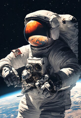 astronaut close-up in space around the planet.digital space art. Ai 