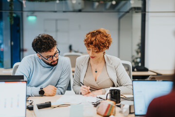 Obraz premium Entrepreneurs discussing business expansion, colleagues collaborating on market analysis and financial planning.