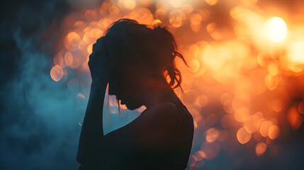 Stock photograph of one woman having anxiety attack, burnout, stress. Mental helath.