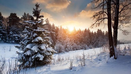 Sunset on a snowy forest with Christmas trees.