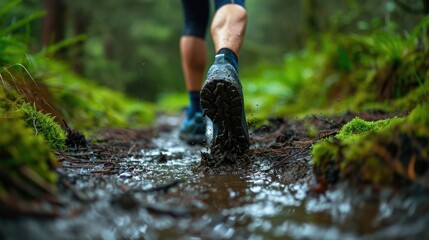 runner shoes making their way through a muddy path generative ai