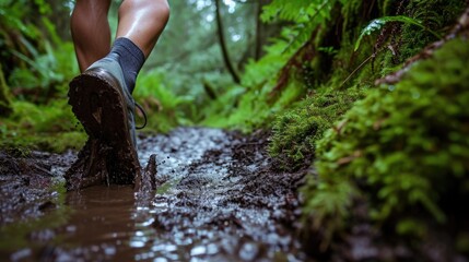 runner shoes making their way through a muddy path generative ai