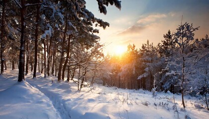 Sunset in a snowy forest.