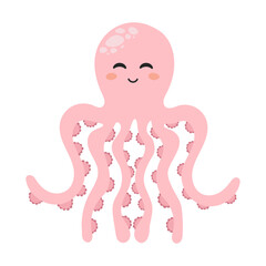 Cute cartoon pink octopus with a smile. Vector illustration in flat style isolated on white background.