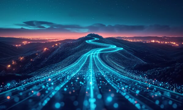 the road up mountain with lights on it, in the style of infused symbolism