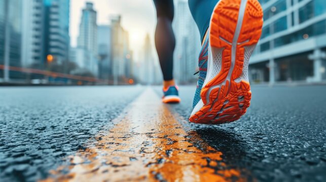 marathon runner pounding the pavement in the heart of the city generative ai