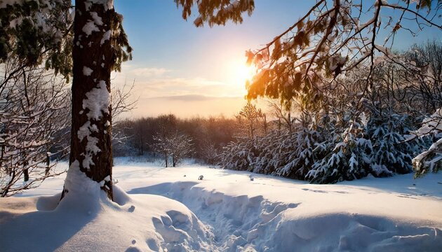 Sunset in a winter forest with a trampled path through a snowy road.