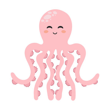 Cute cartoon pink octopus with a smile. Vector illustration in flat style isolated on white background.