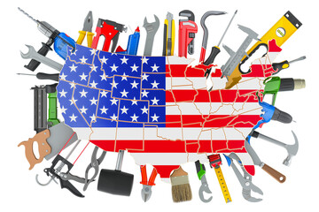 Obraz premium Construction Tools with the USA map. Service and repair in USA concept. 3D rendering isolated on transparent background