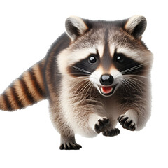 A raccoon running towards the camera. Isolated on white background.