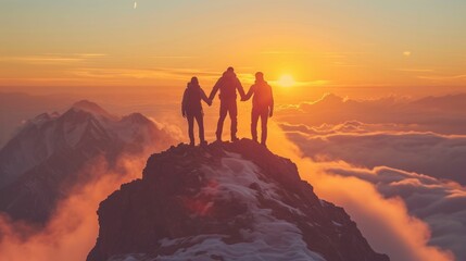 three people are holding hands on top of a mountain, business team concept - obrazy, fototapety, plakaty
