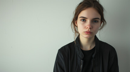 Obraz premium Pensive Young Woman in Black Jacket