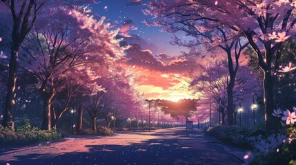 dusk over a park full of sakura flowers, manga style generative ai