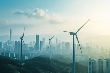 Modern cityscape with futuristic wind turbines blending into the skyline. Renewable energy solutions in urban environments - obrazy, fototapety, plakaty