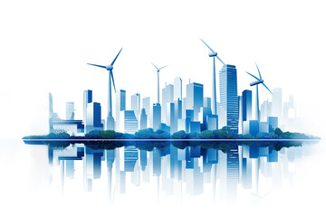 Modern cityscape with futuristic wind turbines blending into the skyline. Renewable energy solutions in urban environments
