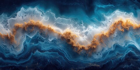 Swirls sparks hypnotic waves in aquamarine, white foam and gold powdercolors. Vibrant lux design Wallpaper. Generative AI - obrazy, fototapety, plakaty