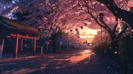 dusk over a park full of sakura flowers, manga style generative ai - obrazy, fototapety, plakaty